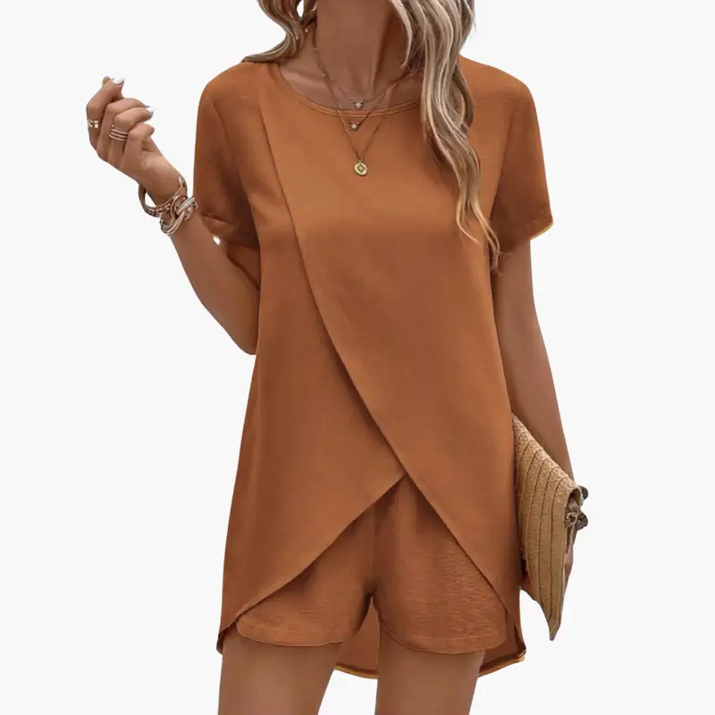 Two-piece women's lounge set in rust orange with short-sleeve top and elastic waist shorts