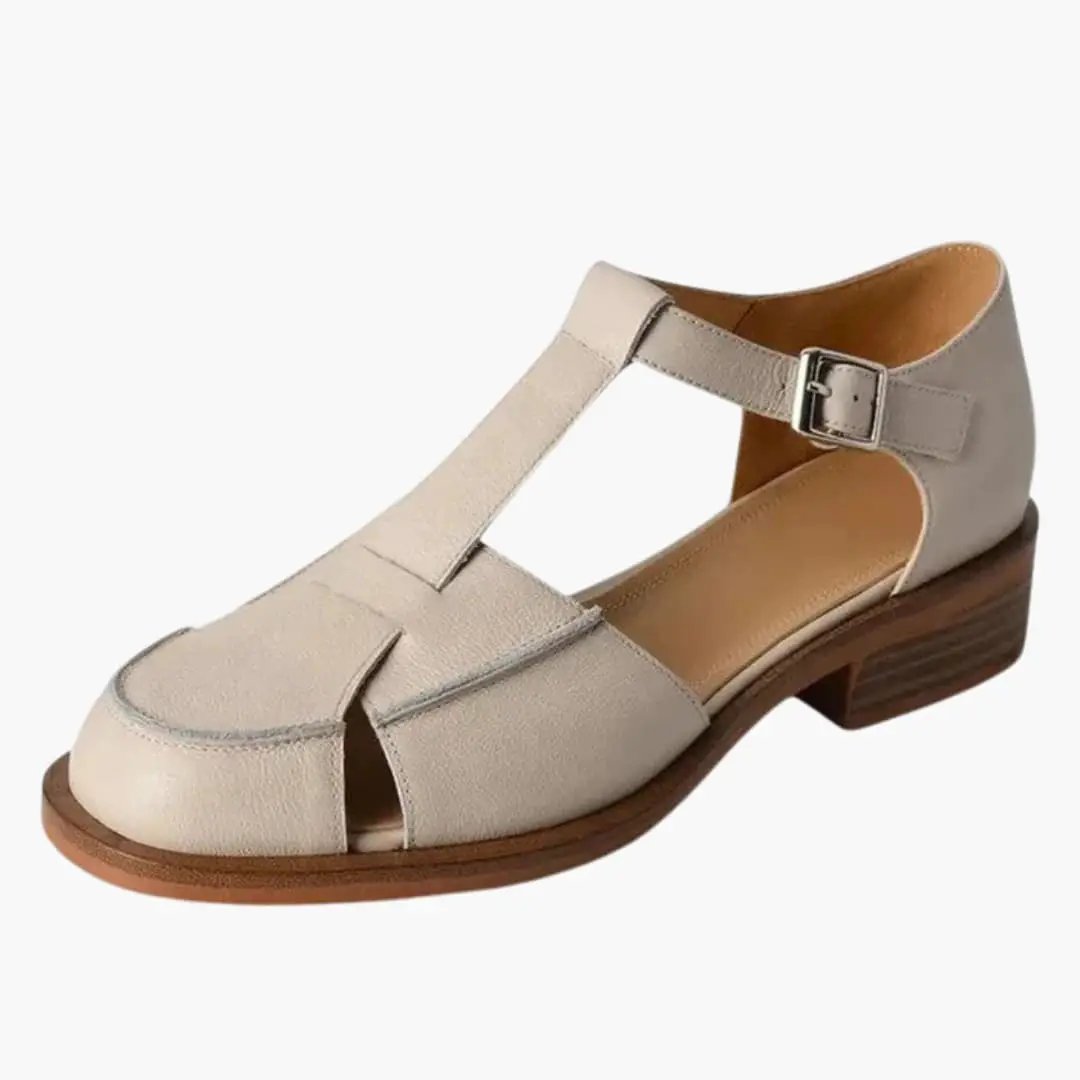 Women's Mary Jane sandal by Wilfred Smith, cream leather with adjustable strap and cushioned insole, low wooden heel