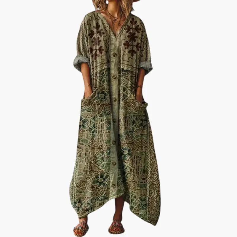 Women's maxi dress with embroidery and pockets in olive green boho print, front-button design.