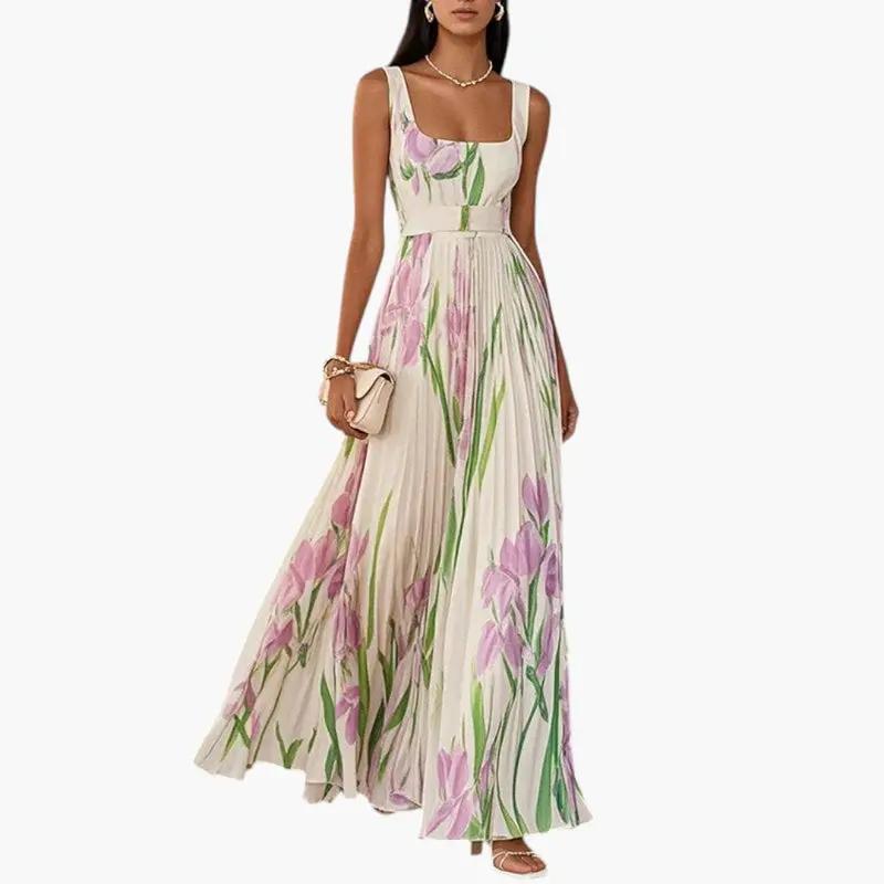 Women's maxi dress with floral pattern in cream and purple, square neckline, A-line silhouette for summer events