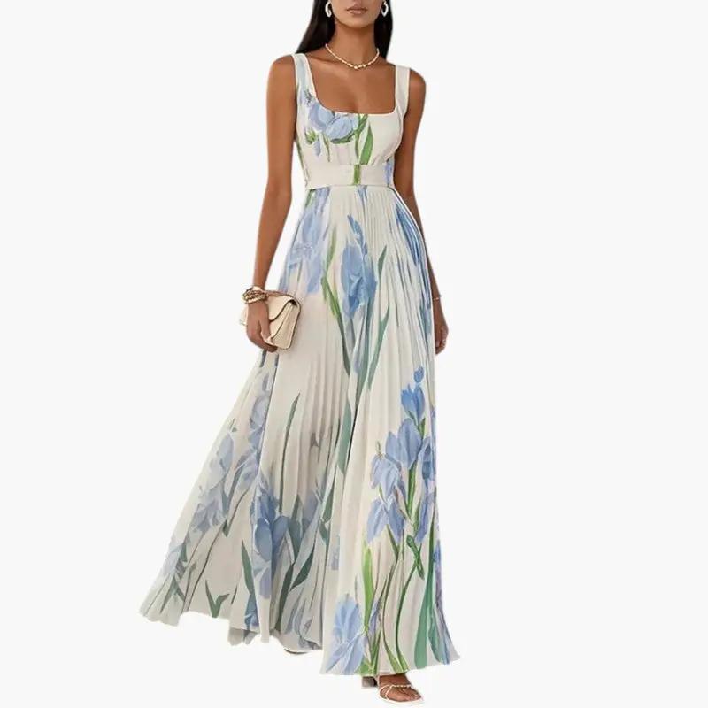 Women's floral maxi dress with blue and white print and A-line silhouette