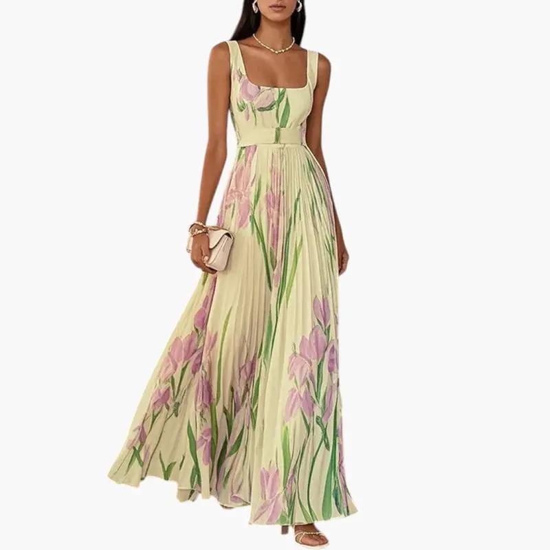 Women's floral maxi dress in pale yellow with pink blooms, square-neckline, pleated A-line skirt.