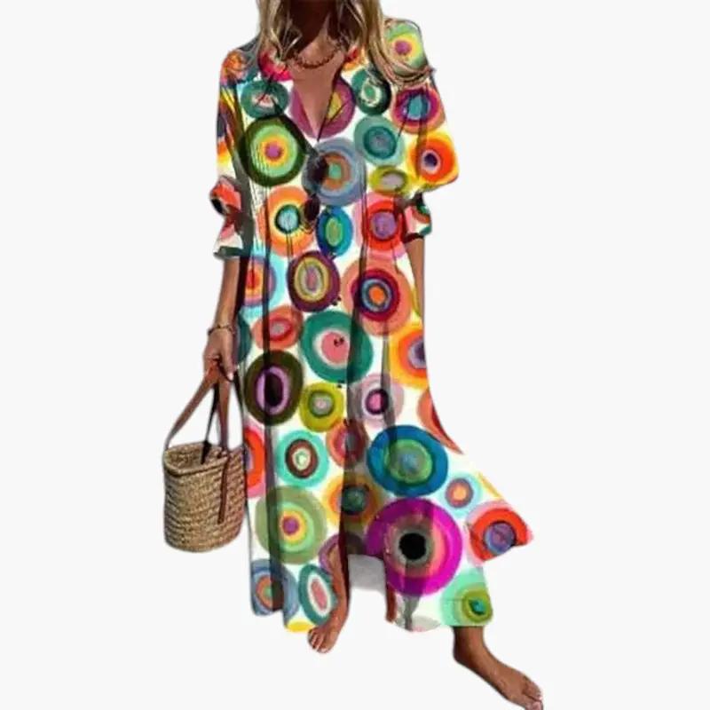 Women's maxi dress with colorful circular pattern and flowing silhouette