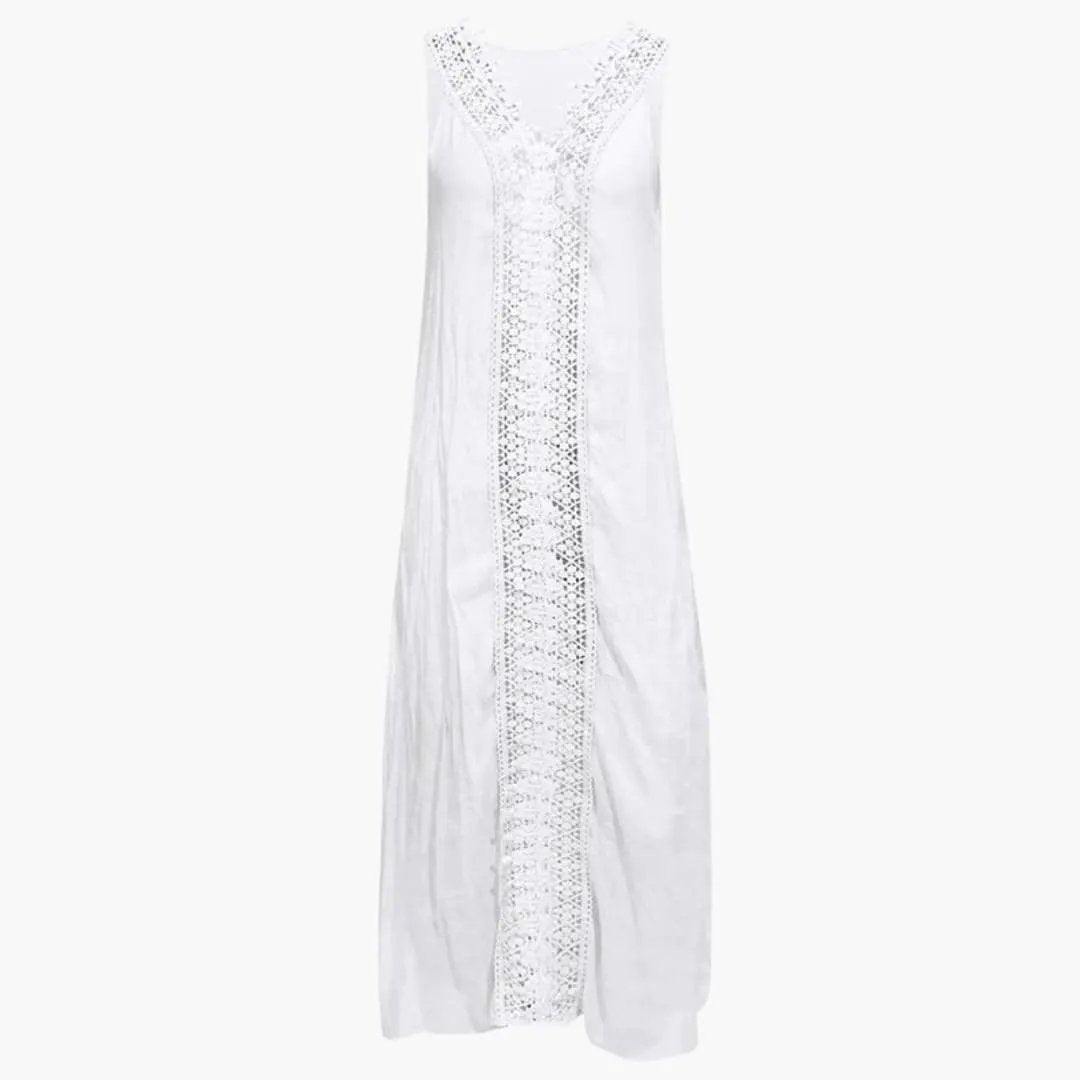 Women's maxi dress in white with a lace center panel and side slits