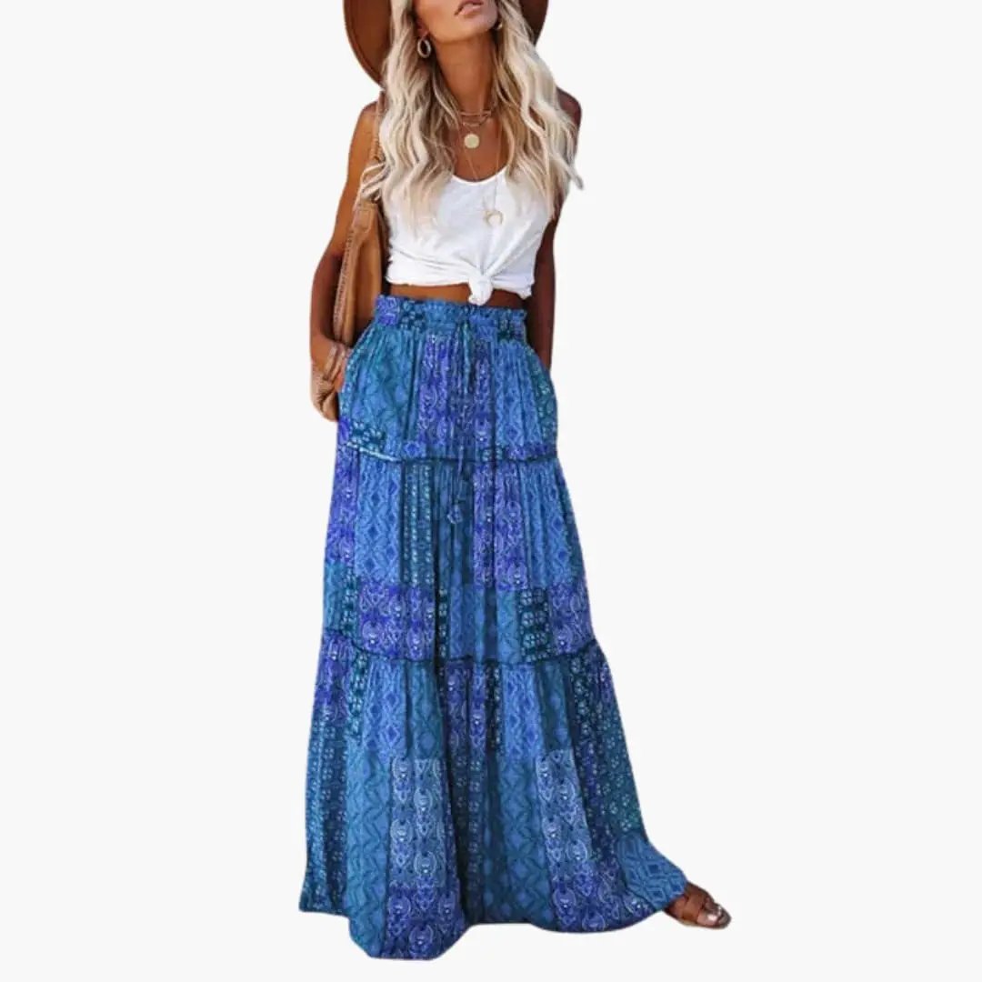 Women's Maxi Skirt with Elastic Waistband in blue tiered print