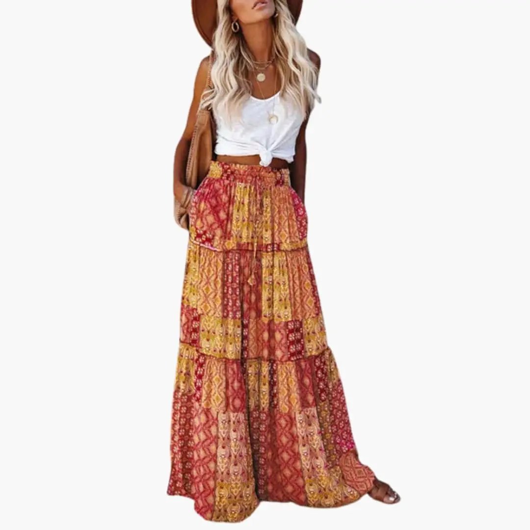 Women's Maxi Skirt with Elastic Waistband in red-yellow patchwork by Wilfred Smith