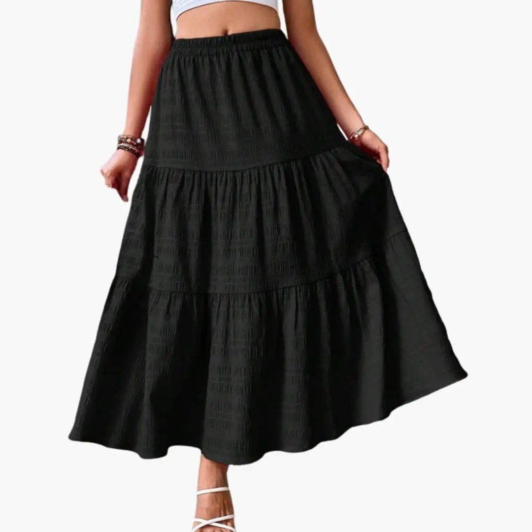 Women's Maxi Skirt by Wilfred Smith with elastic waistband and layered tiered silhouette in black
