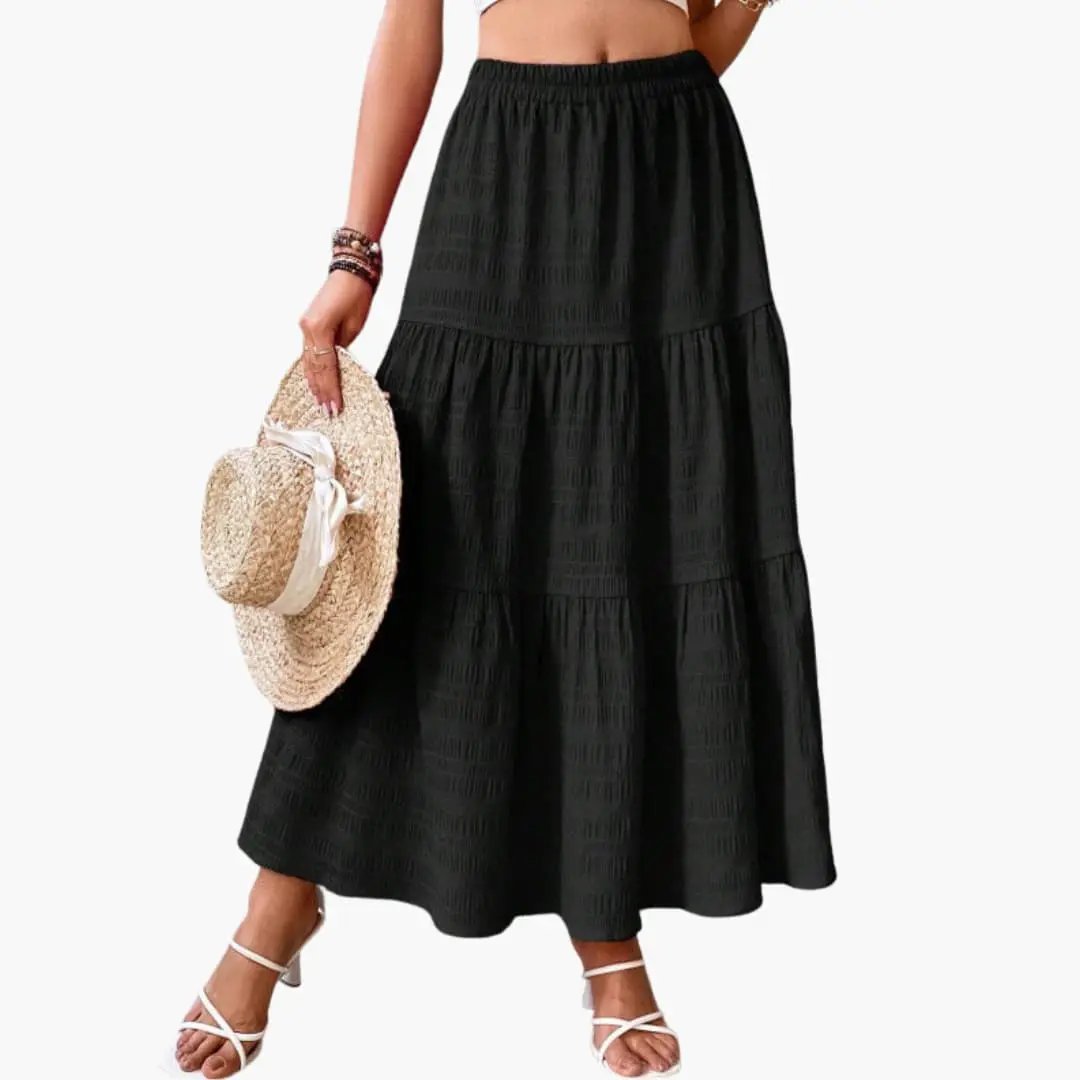 Women's maxi skirt with elastic waistband and layered tiers in black
