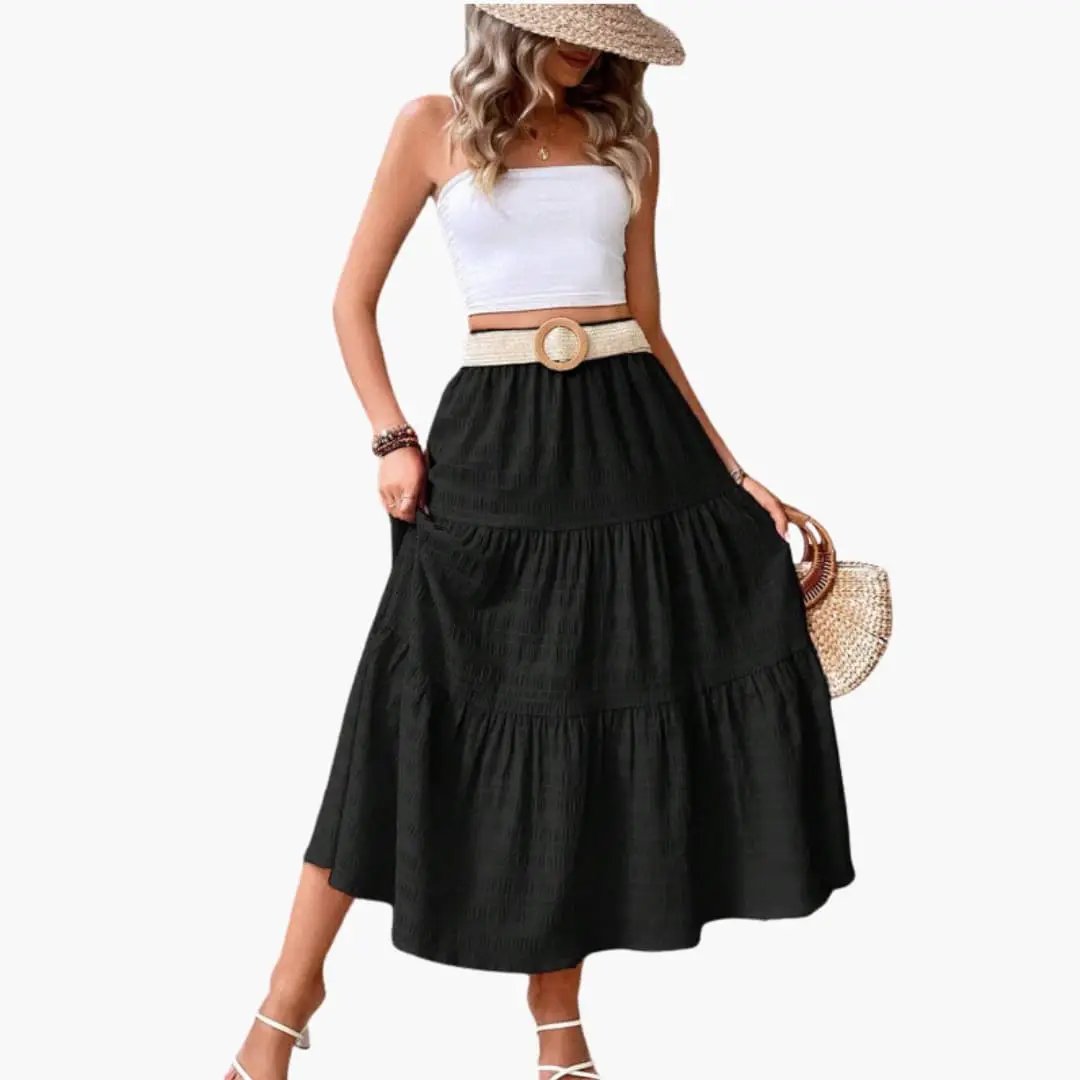 Women's black tiered maxi skirt with elastic waistband and layered panels