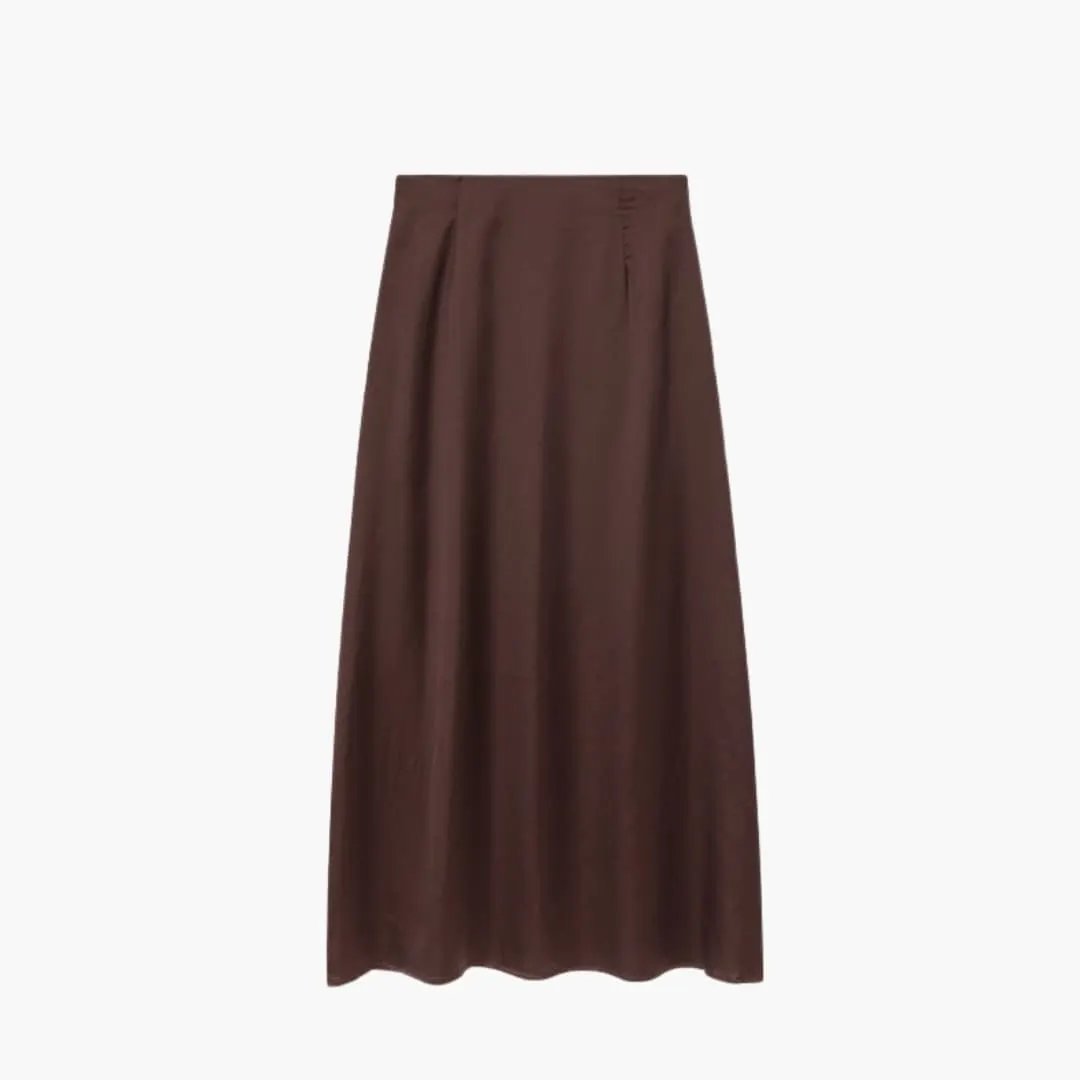 Women's Maxi Skirt by Wilfred Smith, brown satin, high-waist design