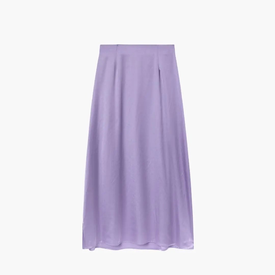 Women's lavender satin maxi skirt with a high-waist fit and flowing silhouette.