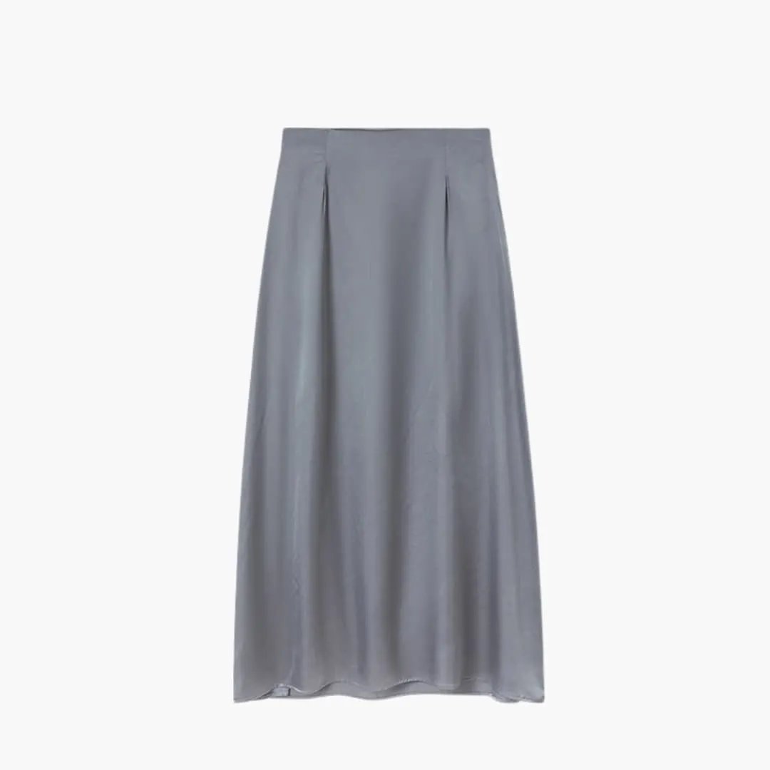 Women's gray satin maxi skirt with high waist, elegant