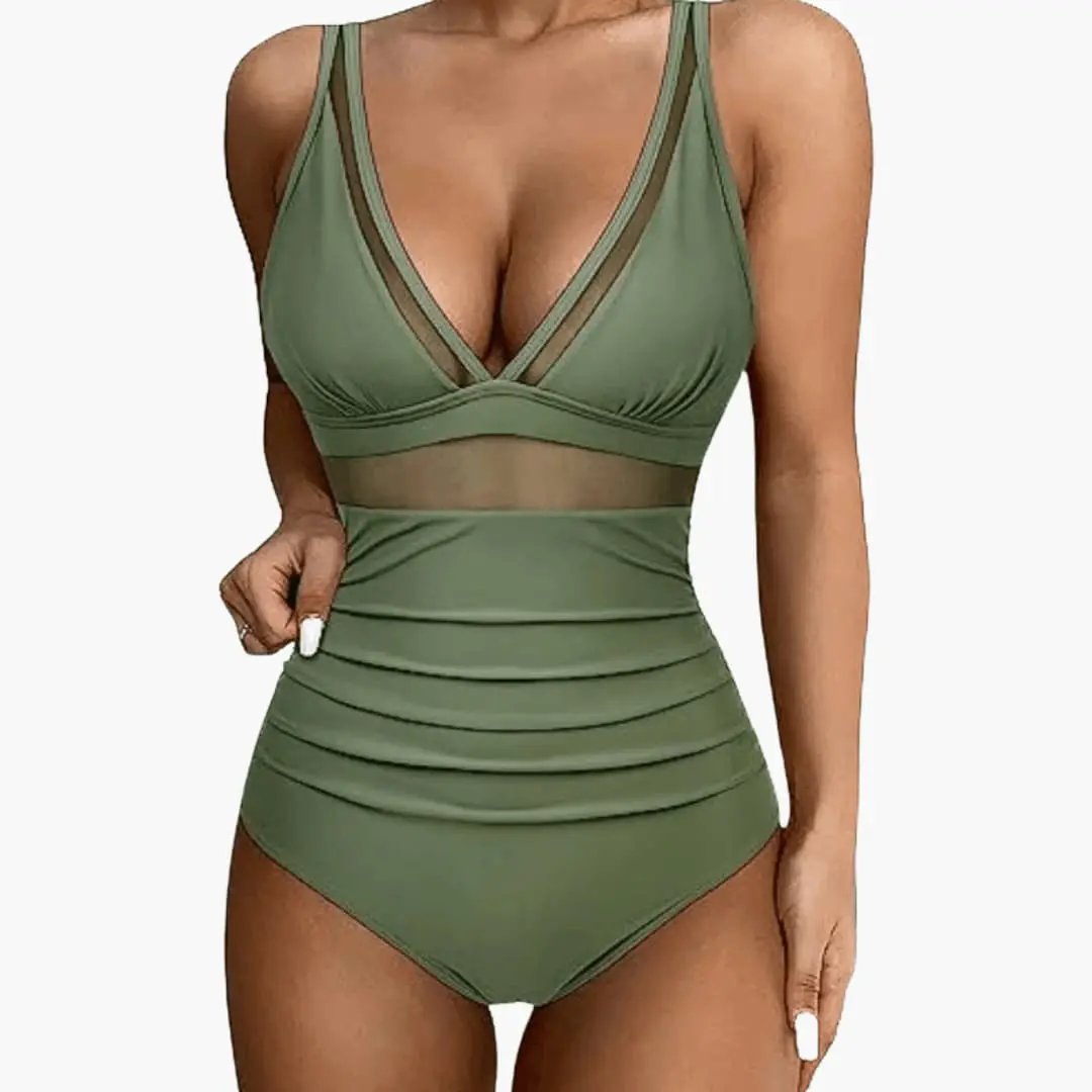 Women’s Mesh Panel One-Piece Swimsuit by Wilfred Smith in olive green with high-cut legs