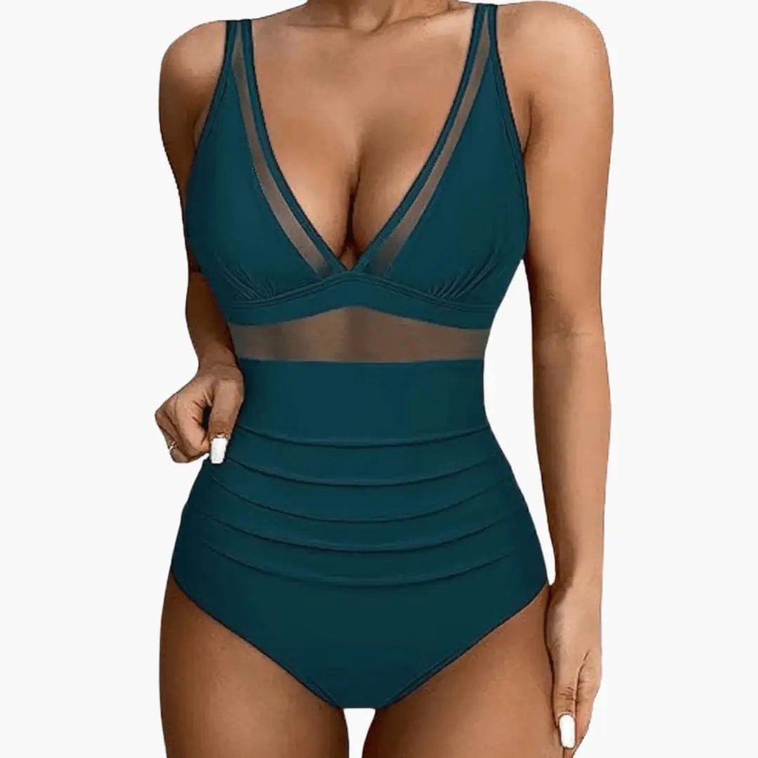 Women’s mesh-panel one-piece swimsuit in teal with sheer panels at bust and midsection, high-cut legs by Wilfred Smith