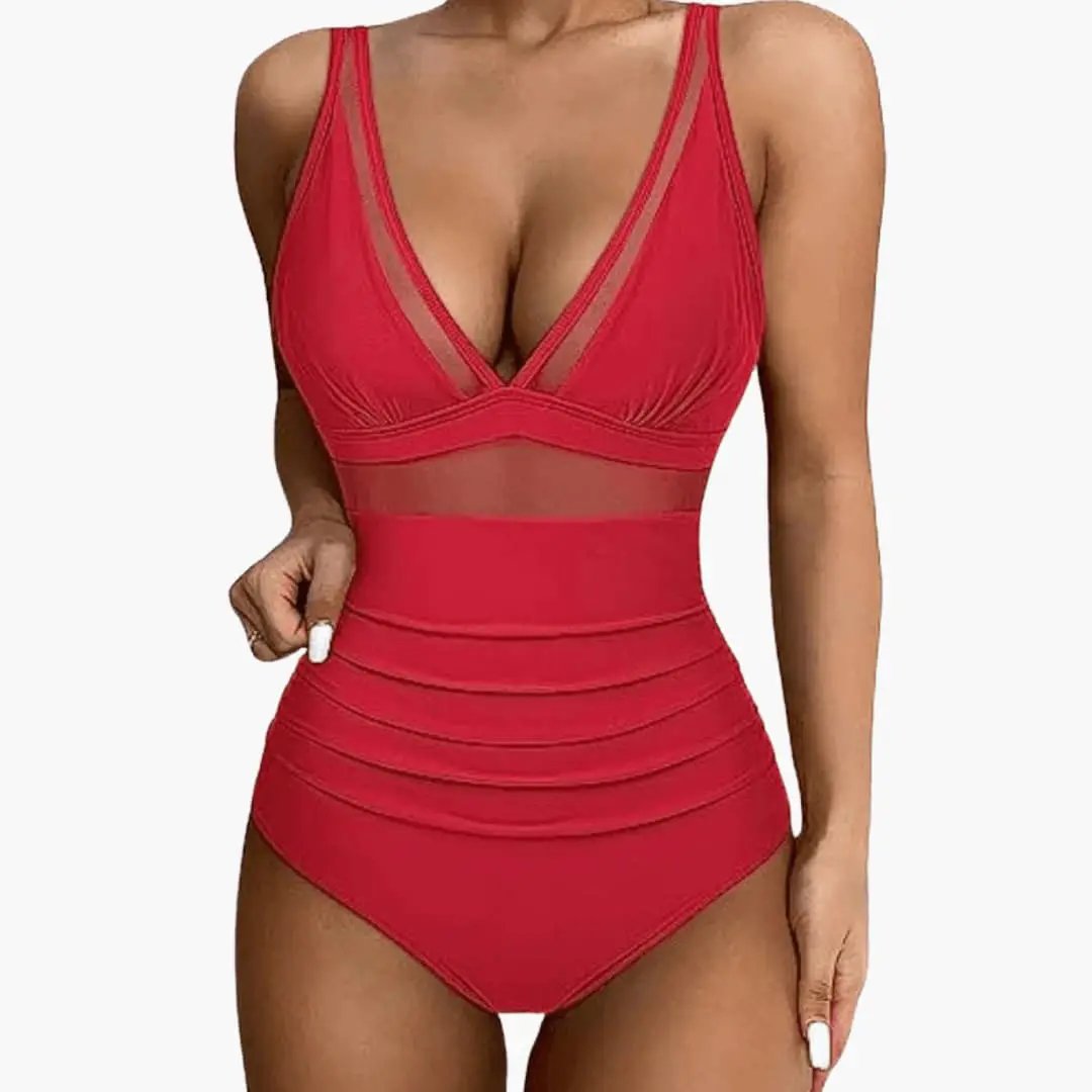Women’s mesh-panel one-piece swimsuit in red with high-cut legs by Wilfred Smith