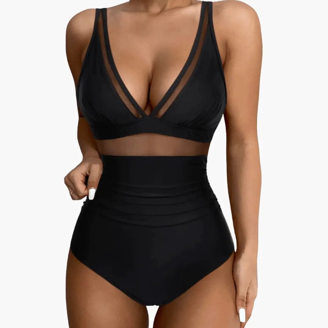 Women's mesh-panel one-piece swimsuit in black with high-cut legs