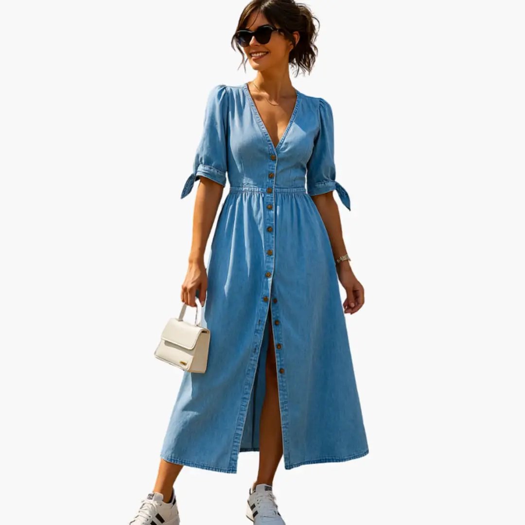 Wilfred Smith Women’s denim midi dress with button-front and V-neck in light blue