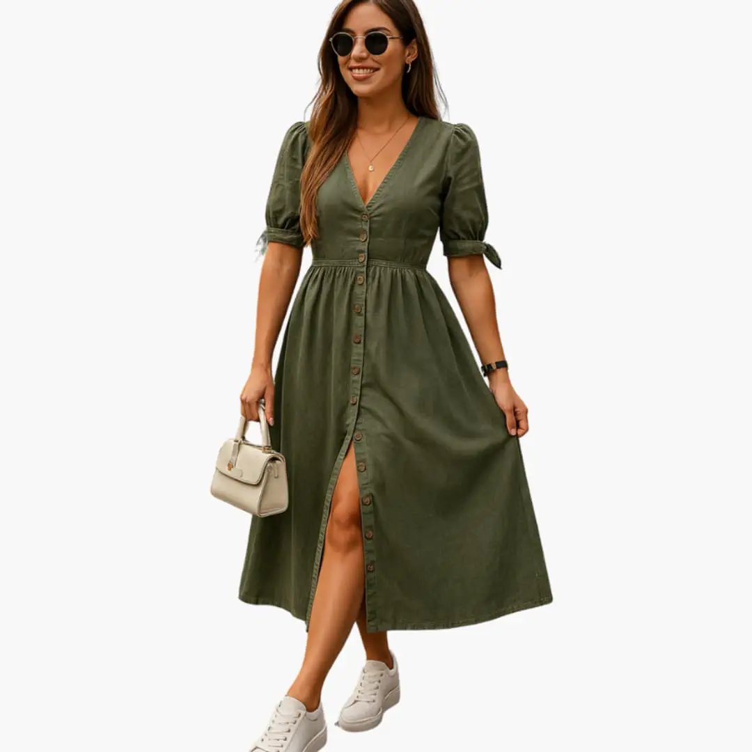 Wilfred Smith Women’s Midi Dress in olive green with button-front detail