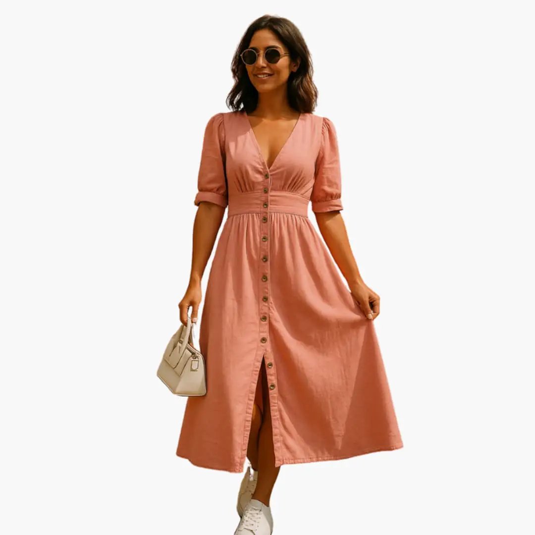 Women's midi dress with V-neck, puff sleeves, and button-front in dusty pink