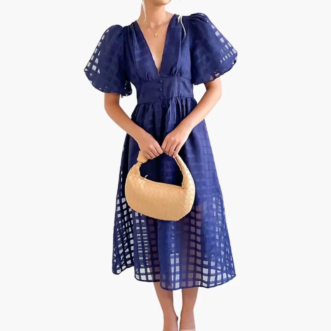 Women’s Midi Dress in navy with puff sleeves, V-neck, defined waist, woven finish