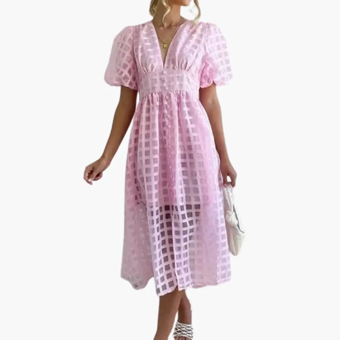 Women's midi dress by Wilfred Smith in pink grid-pattern woven fabric with puff sleeves and defined waist