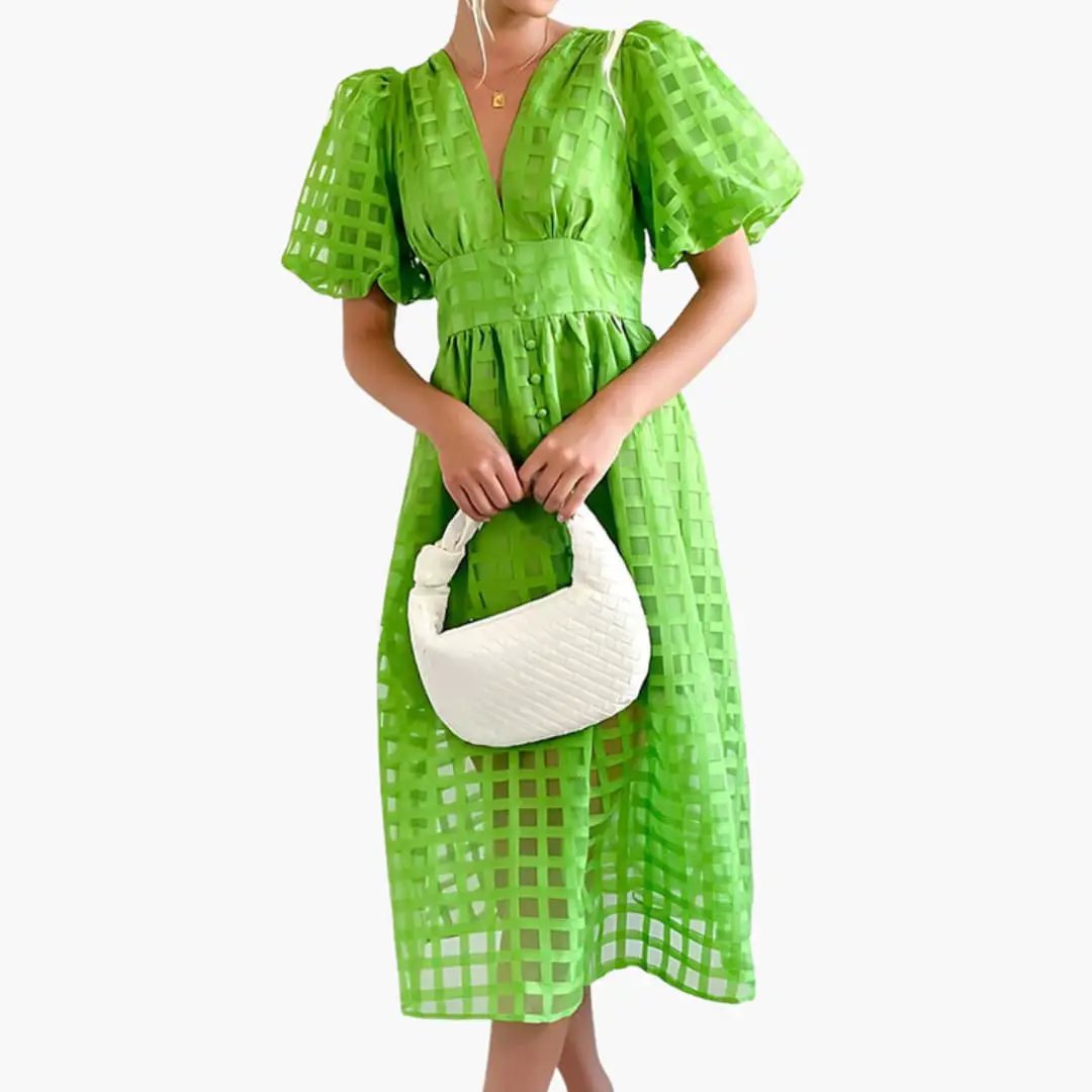 Women’s midi dress in lime green with a square lattice pattern, puff sleeves, defined waist, and button front.