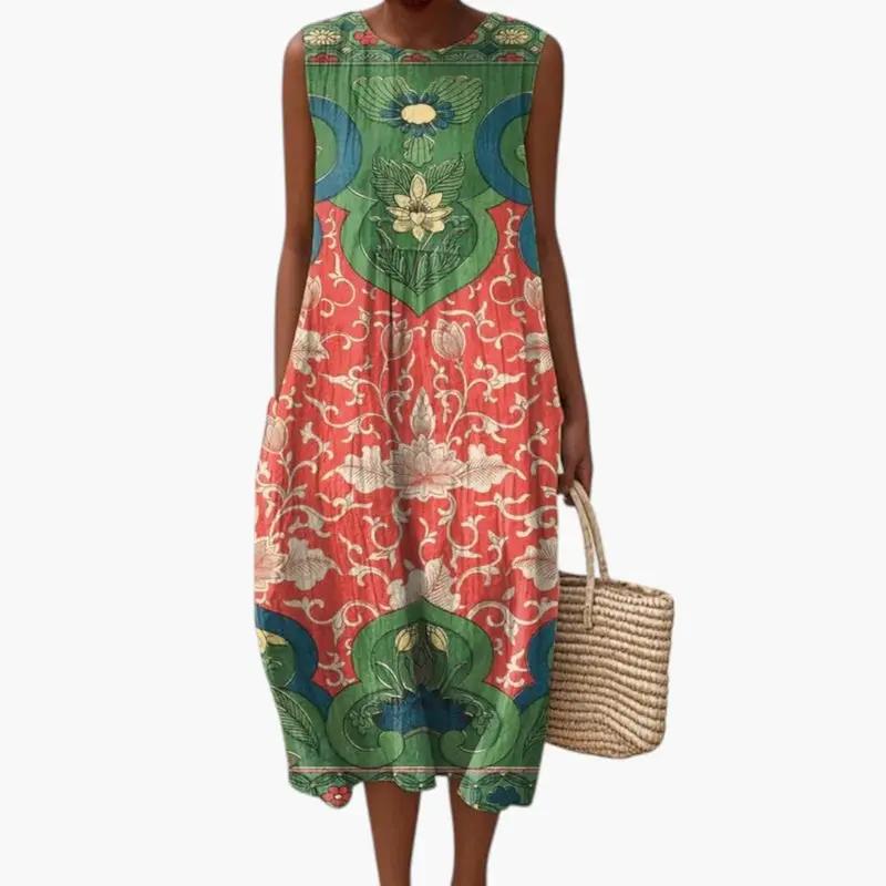 Wilfred Smith women's midi dress with round neckline, sleeveless, green and coral floral print