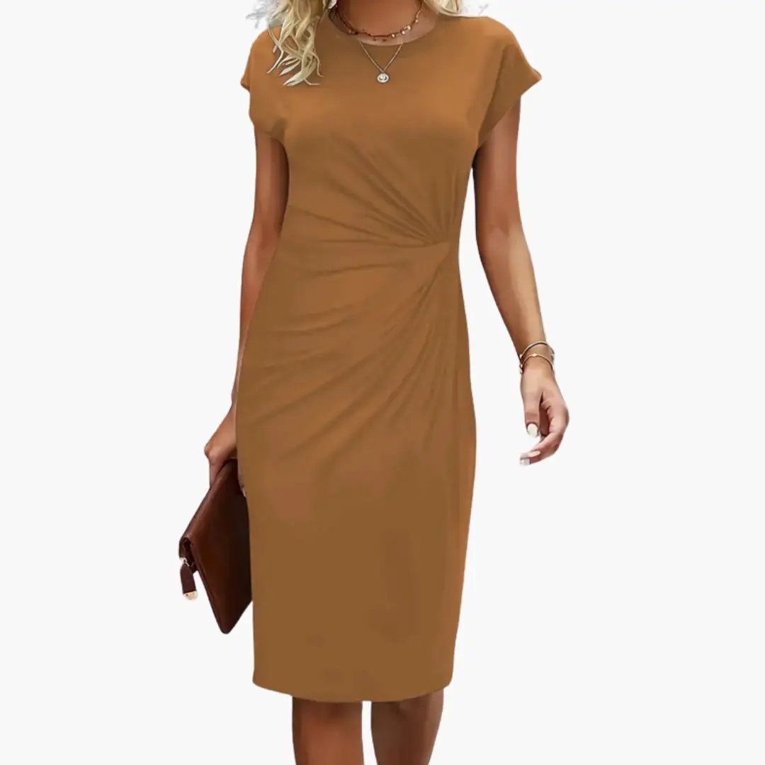 Women’s midi dress in camel brown with a round neckline and twisted waist seam.