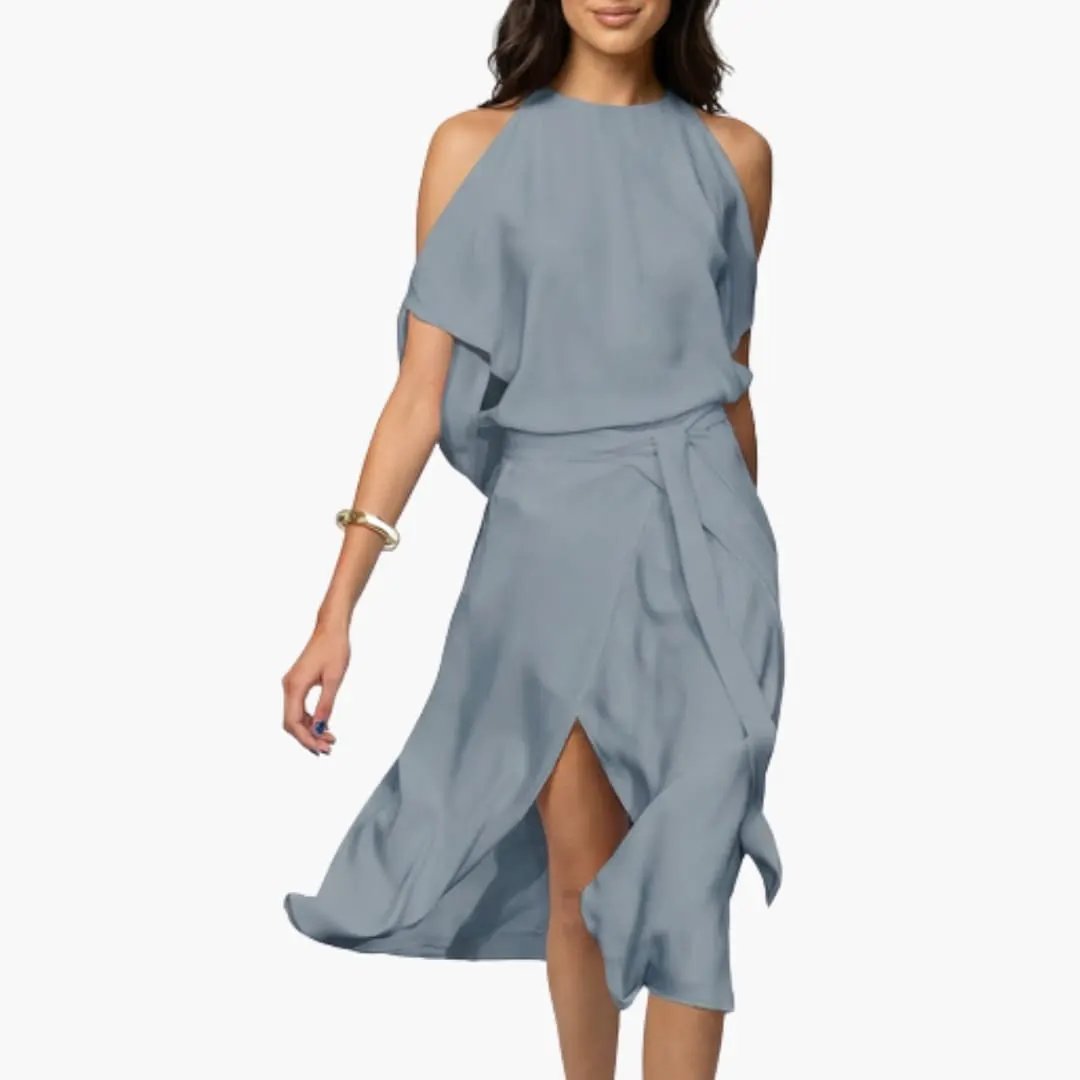 Women’s midi dress by Wilfred Smith in light blue with shoulder cutouts and halter neck.