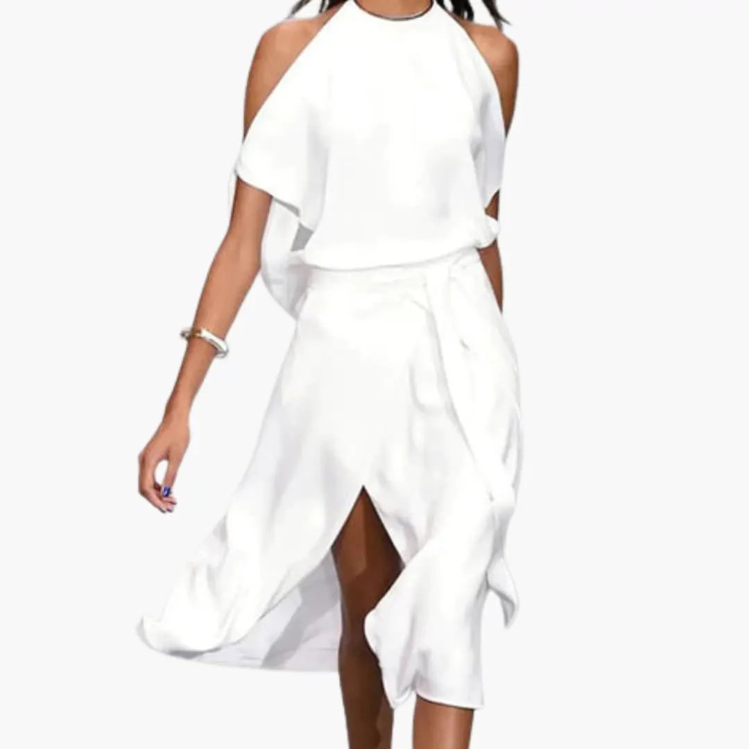 Women’s Midi Dress with Shoulder Cutouts and Halter Neck, white fabric with wrap-front skirt.