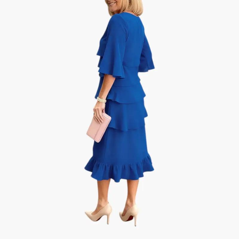 Women's blue midi dress with split sleeves and tiered ruffle details