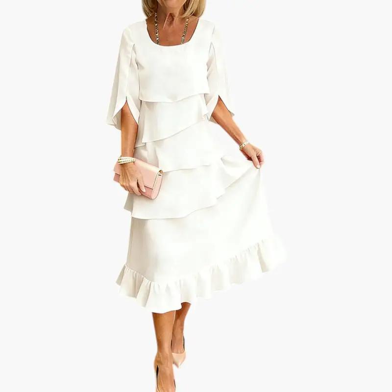 Women's Wilfred Smith midi dress in white with split sleeves and tiered ruffle layers.