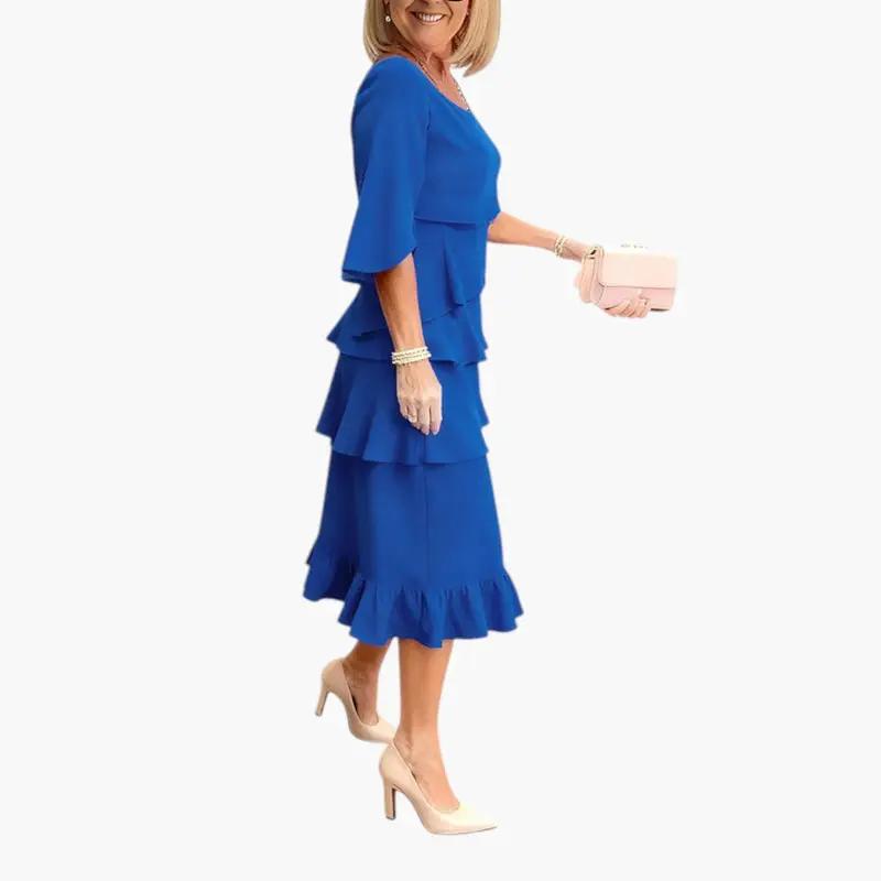 Wilfred Smith women's midi dress in royal blue with split sleeves and layered ruffles.