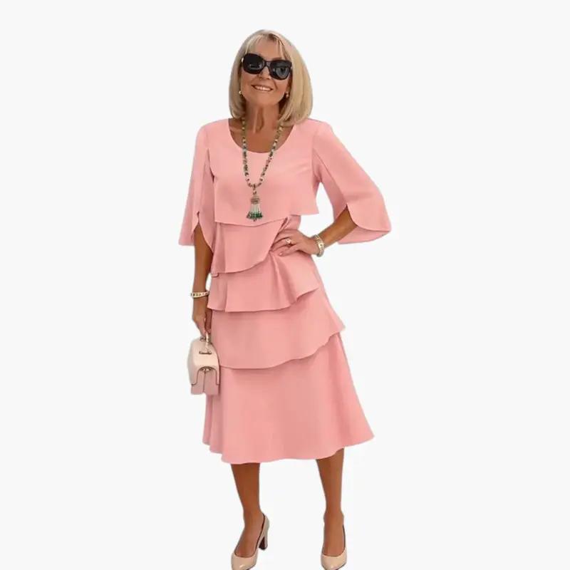 Women’s pink midi dress with layered ruffles and split cape sleeves