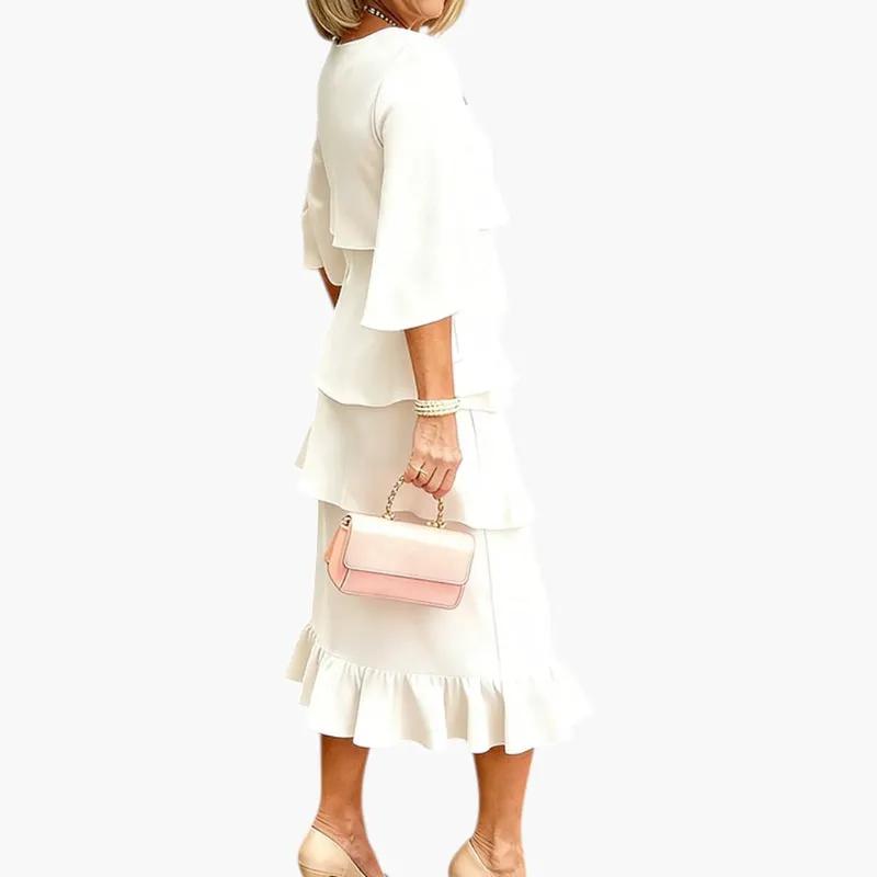 Women's midi dress with split sleeves and layered ruffles, cream, Wilfred Smith.