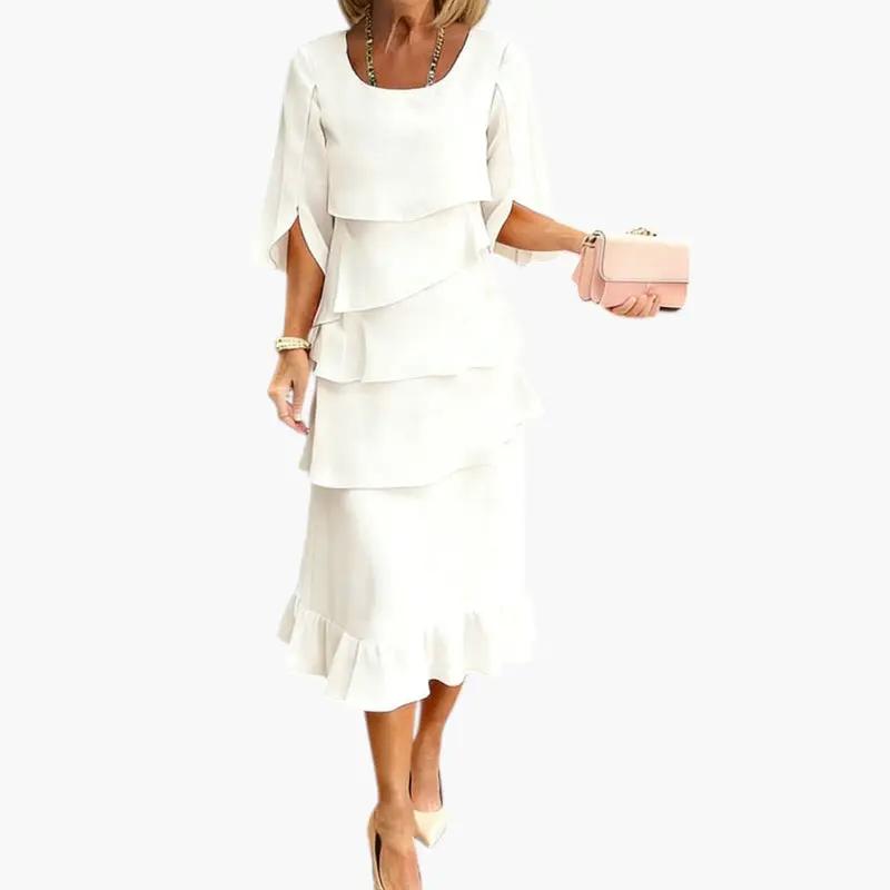 Women's Midi Dress with Split Sleeves and Ruffle Details, white with tiered layers and a ruffled hem