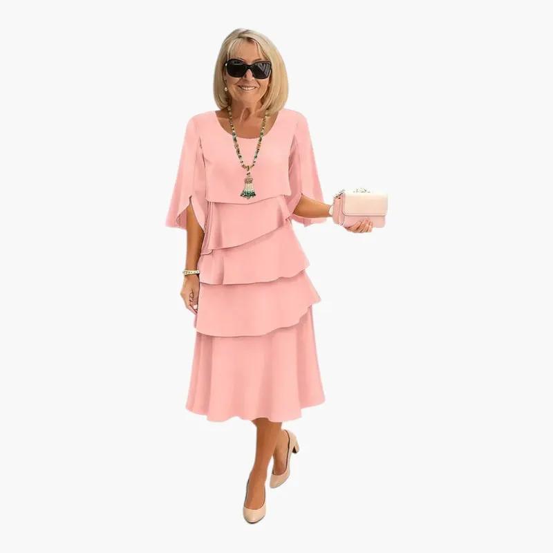 Women's pink midi dress with tiered ruffles and split sleeves