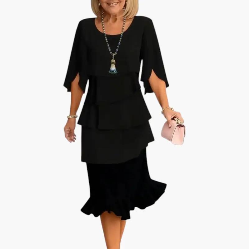 Women's black midi dress with tiered ruffles and split sleeves by Wilfred Smith
