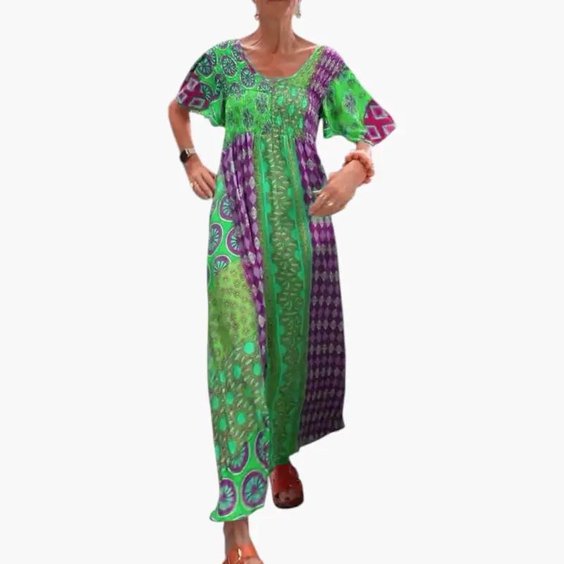 Women's midi dress with V-neck and short sleeves in green-purple boho print
