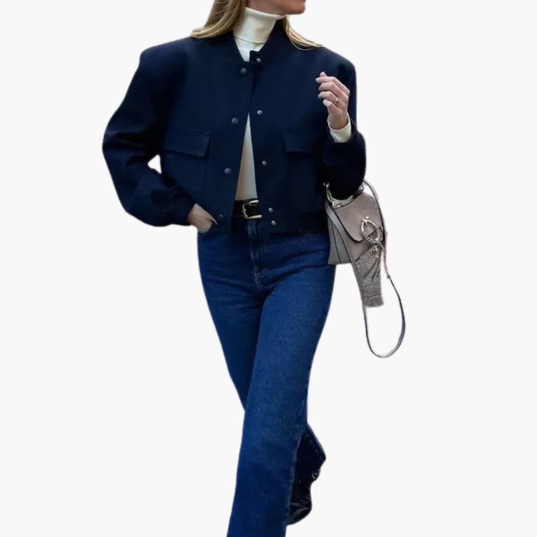 Wilfred Smith women's navy bomber jacket with elastic cuffs and spacious pockets