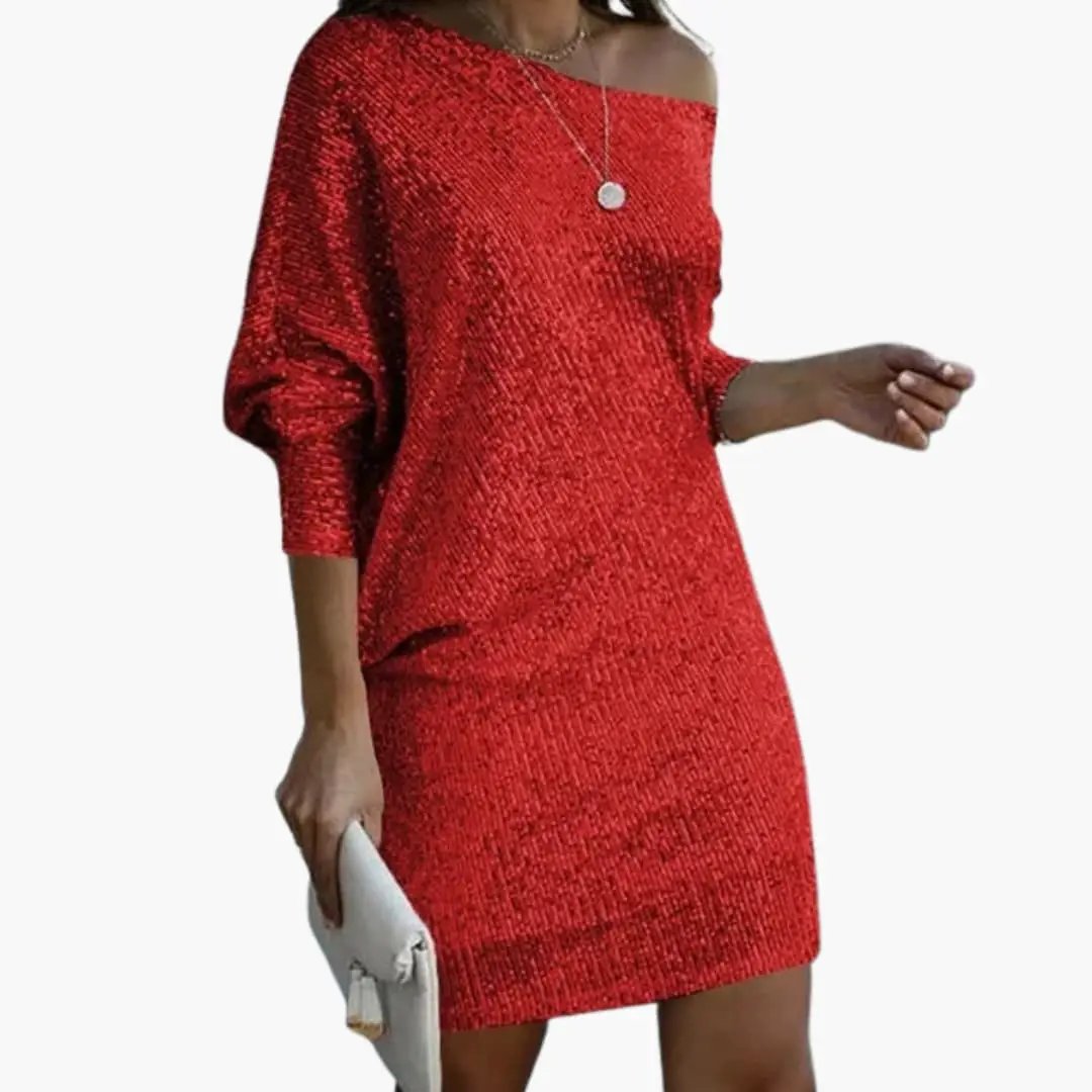 Women's mini dress, red sequin surface, off-the-shoulder neckline.