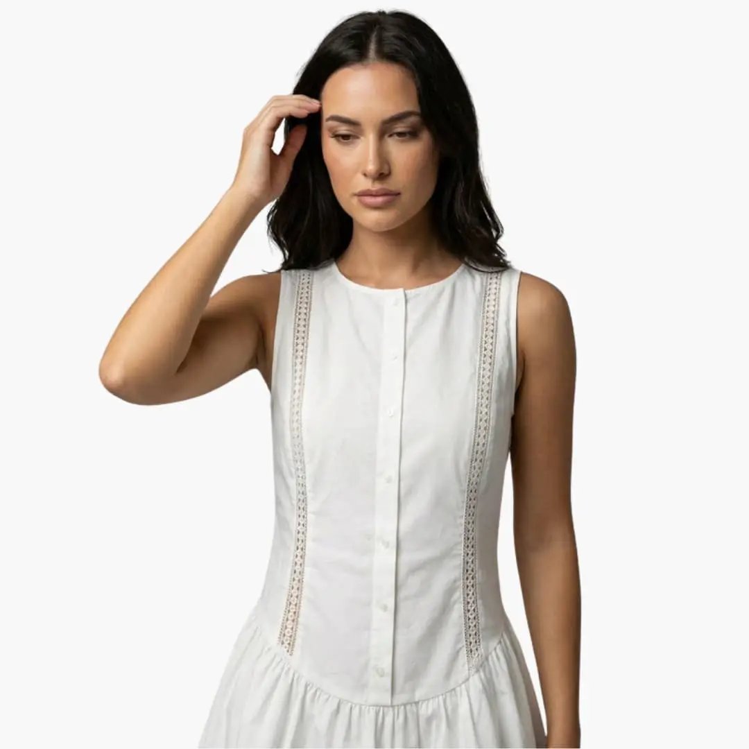 Women's white mini dress with round neckline and side-cutout lace panels