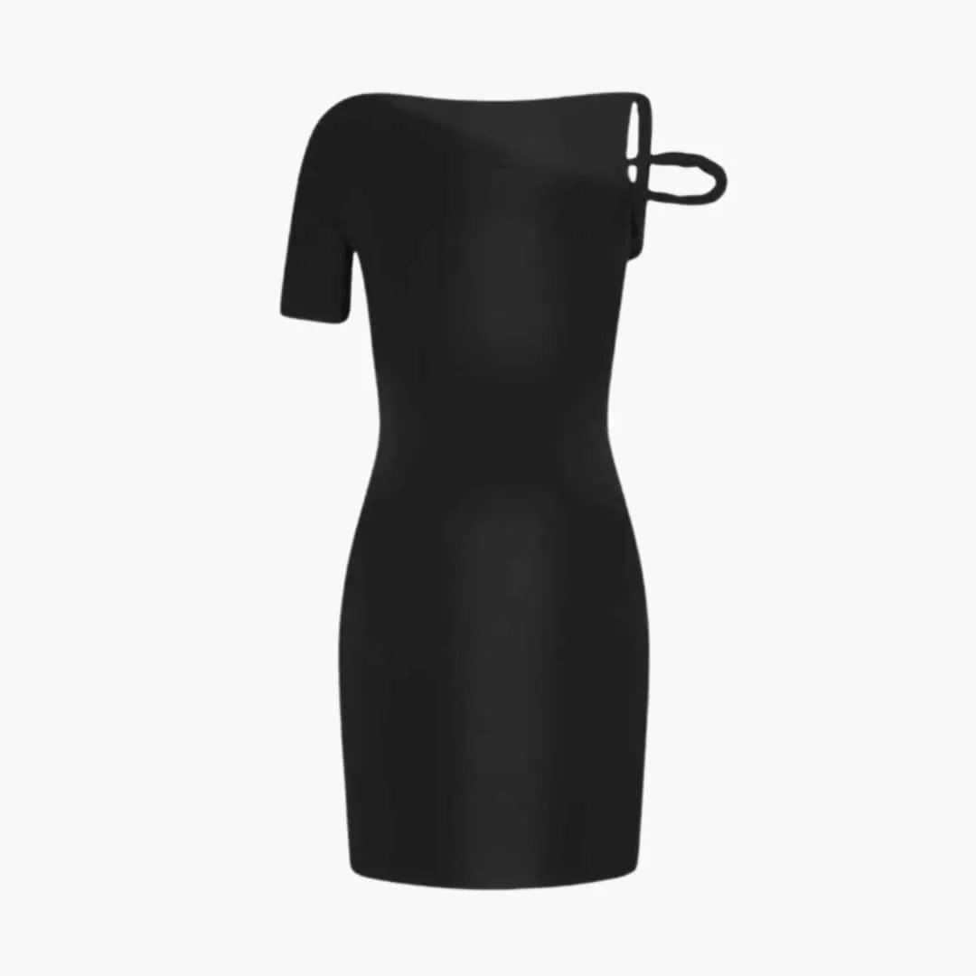 Women’s One-Shoulder Midi Dress in black with asymmetrical neckline