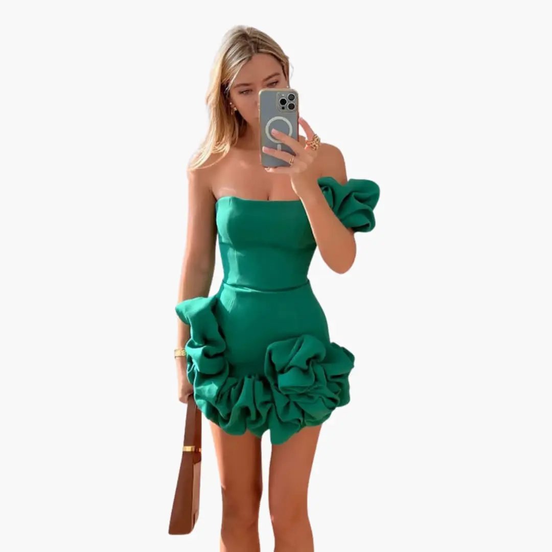 Wilfred Smith women's one-shoulder dress in emerald green with an oversized ruffle hem.