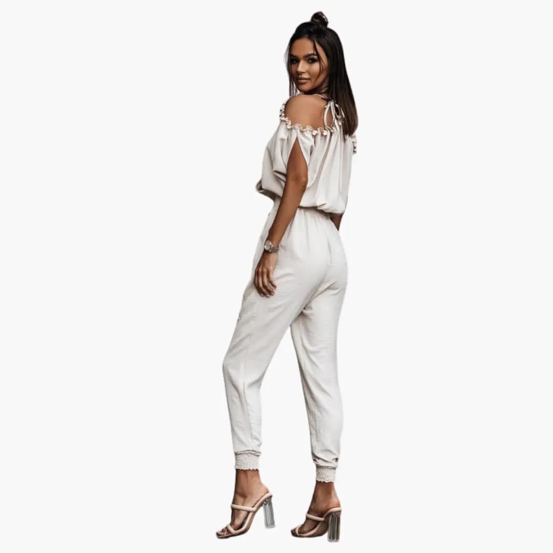 Women’s open-shoulder jumpsuit with wrap V-neck and straight legs in beige.