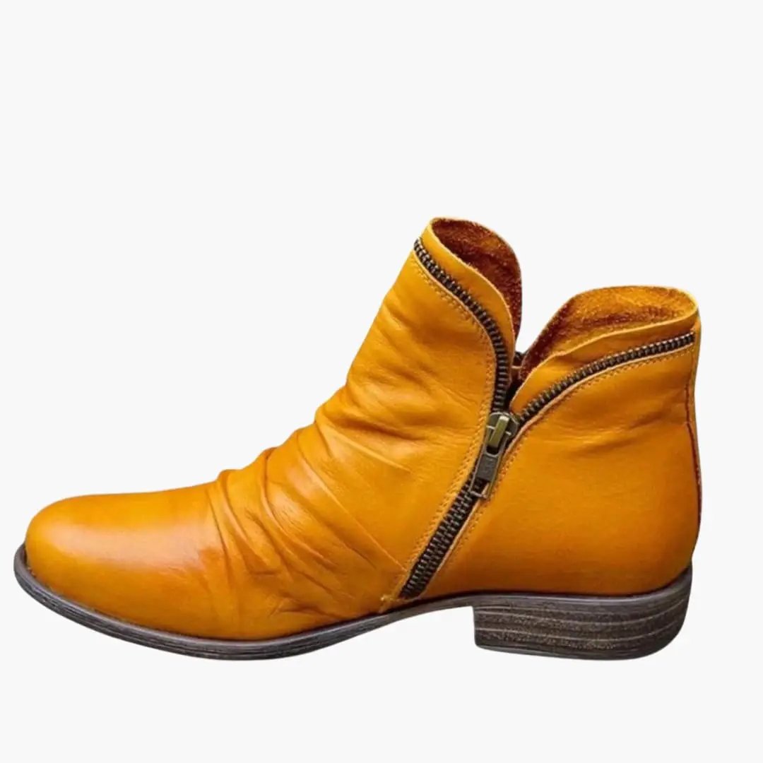Women's orthopedic boots in tan leather with side zipper and low stacked heel