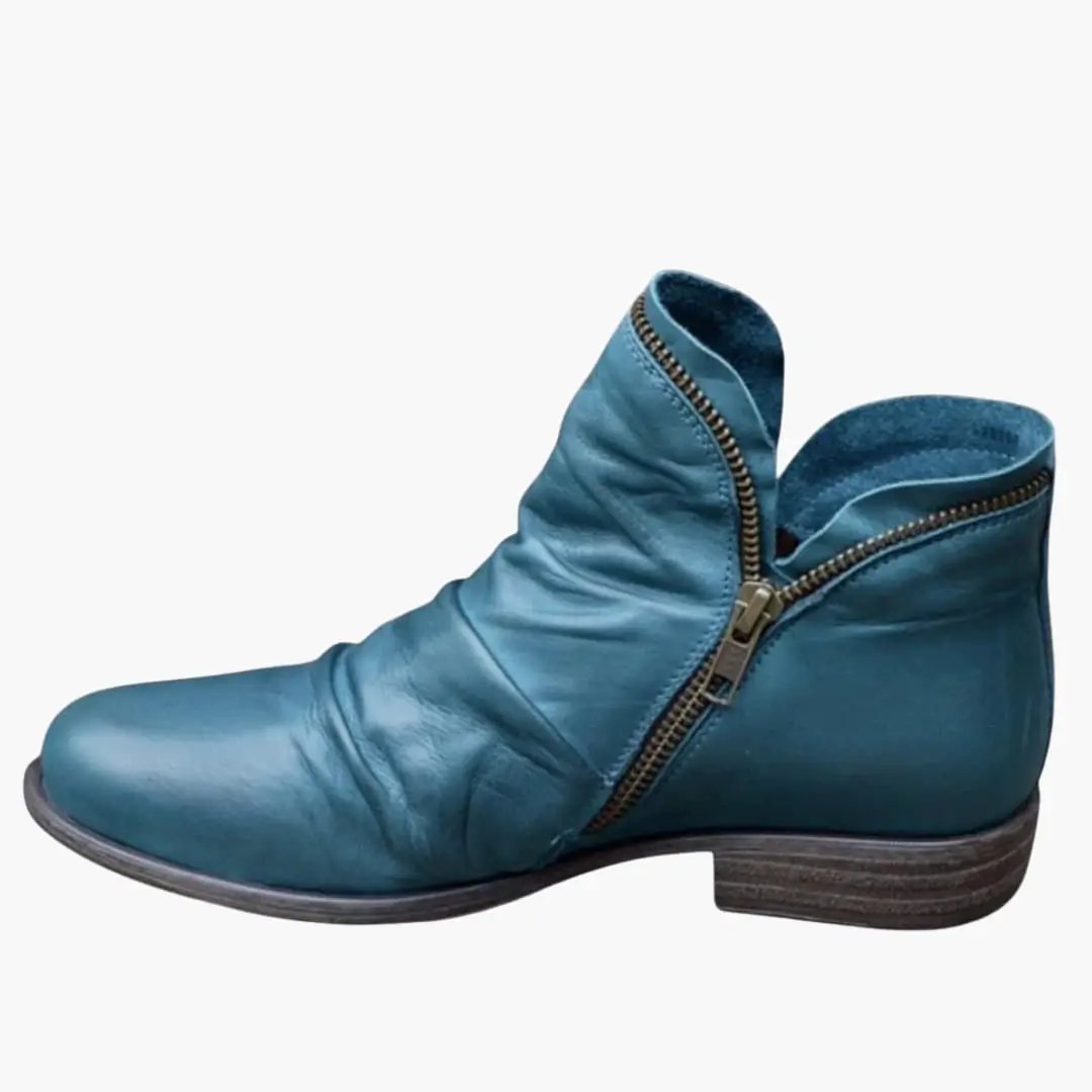 Women's orthopedic boots by Wilfred Smith in teal leather with cushioned interior and textured sole, side zipper.