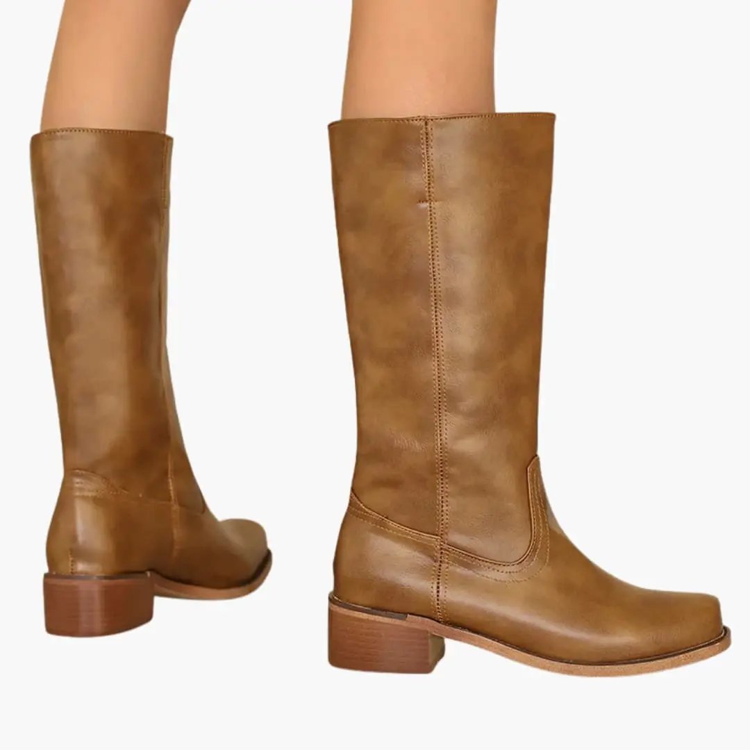 Pair of Wilfred Smith women's orthopedic knee-high boots in brown leather with block heels
