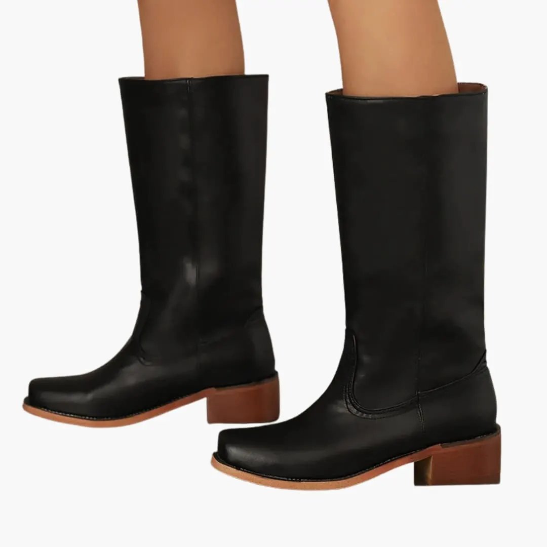Women's orthopedic knee-high boots in black leather with a brown block heel.