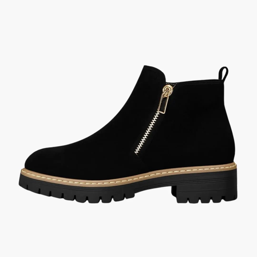 Women's orthopedic boots with gold side zip, black suede upper and cushioned insole, chunky lug sole